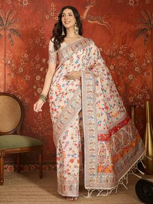 cream pashmina silk blend woven saree with unstitched blouse piece. 2
