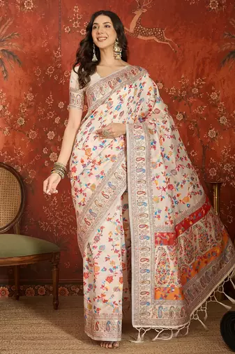 cream pashmina silk blend woven saree with unstitched blouse piece.