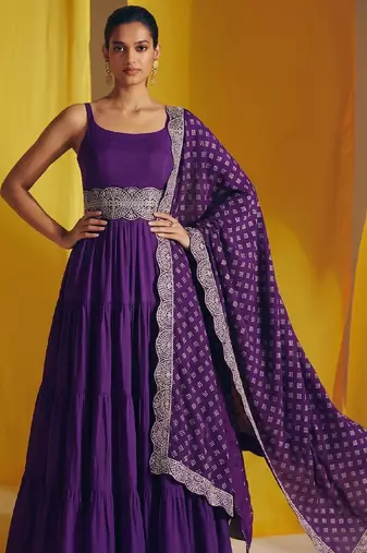 Women's purple silk blend embroidered kurta set with dupatta and pant