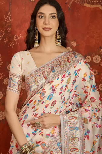 cream pashmina silk blend woven saree with unstitched blouse piece.