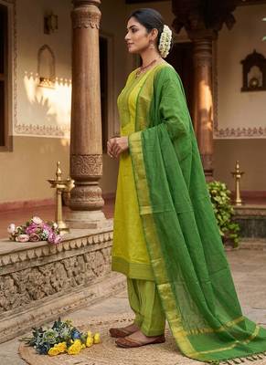 Lemon yellow woven jaquard straight kurti dupatta with pant 2