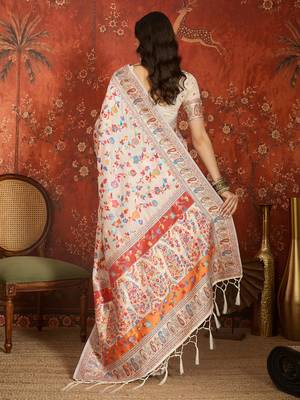 cream pashmina silk blend woven saree with unstitched blouse piece. 4
