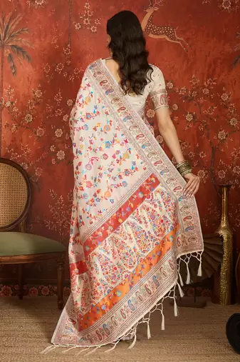 cream pashmina silk blend woven saree with unstitched blouse piece.