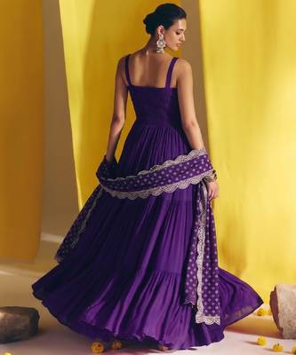 Women's purple silk blend embroidered kurta set with dupatta and pant 5