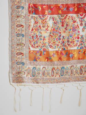 cream pashmina silk blend woven saree with unstitched blouse piece. 5