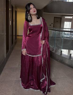 Women's maroon silk blend embroidered kurta set with dupatta and sharara 1