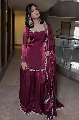 Women's maroon silk blend embroidered kurta set with dupatta and sharara