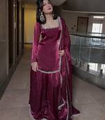 Women's maroon silk blend embroidered kurta set with dupatta and sharara