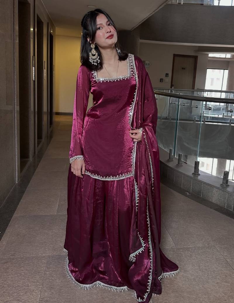 Women's maroon silk blend embroidered kurta set with dupatta and sharara