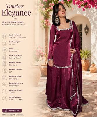 Women's maroon silk blend embroidered kurta set with dupatta and sharara 2