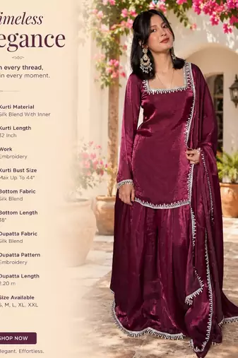 Women's maroon silk blend embroidered kurta set with dupatta and sharara