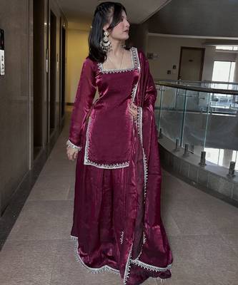 Women's maroon silk blend embroidered kurta set with dupatta and sharara 3