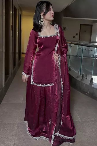 Women's maroon silk blend embroidered kurta set with dupatta and sharara