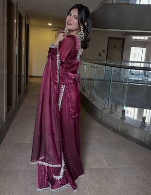 Women's maroon silk blend embroidered kurta set with dupatta and sharara 4