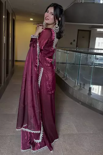 Women's maroon silk blend embroidered kurta set with dupatta and sharara