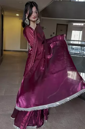 Women's maroon silk blend embroidered kurta set with dupatta and sharara