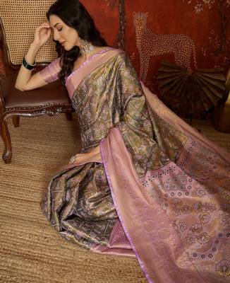 olive kanjeevaram silk blend woven design saree with unstitched blouse piece. 1