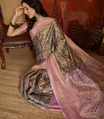 olive kanjeevaram silk blend woven design saree with unstitched blouse piece.
