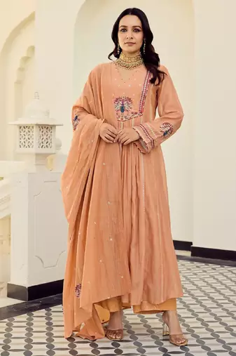Women's peach chanderi embroidered flared kurta set with dupatta and pant