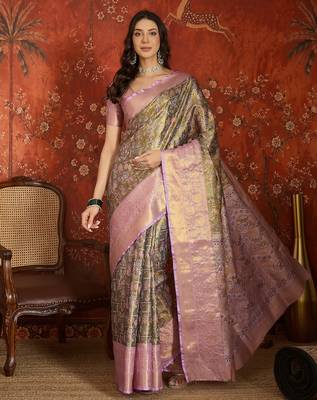 olive kanjeevaram silk blend woven design saree with unstitched blouse piece. 2