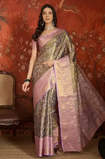 olive kanjeevaram silk blend woven design saree with unstitched blouse piece.