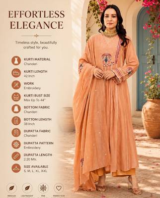 Women's peach chanderi embroidered flared kurta set with dupatta and pant 2