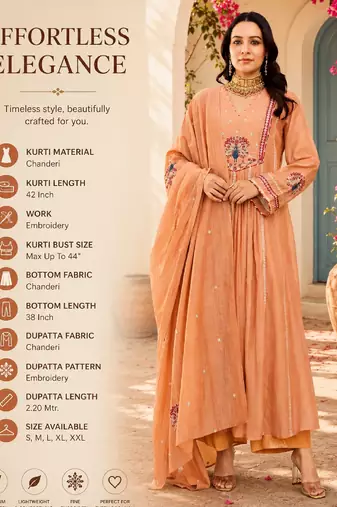 Women's peach chanderi embroidered flared kurta set with dupatta and pant