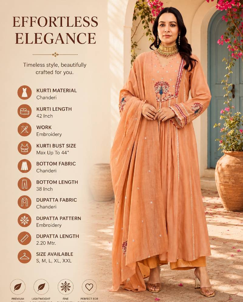 Women's peach chanderi embroidered flared kurta set with dupatta and pant