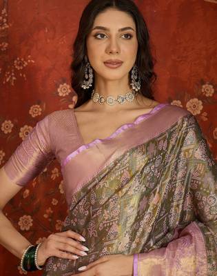 olive kanjeevaram silk blend woven design saree with unstitched blouse piece. 3