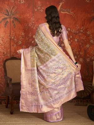 olive kanjeevaram silk blend woven design saree with unstitched blouse piece. 4