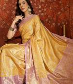 yellow kanjeevaram silk blend woven design saree with unstitched blouse piece.