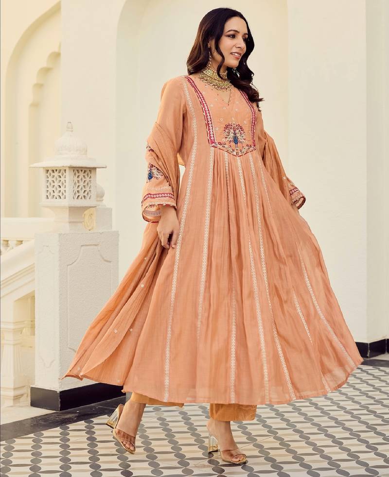 Women's peach chanderi embroidered flared kurta set with dupatta and pant