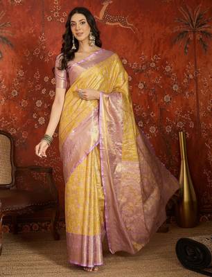 yellow kanjeevaram silk blend woven design saree with unstitched blouse piece. 2