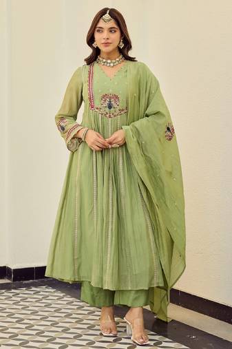 Women's light green chanderi embroidered flared kurta set with dupatta and pant