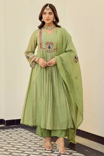 Women's light green chanderi embroidered flared kurta set with dupatta and pant