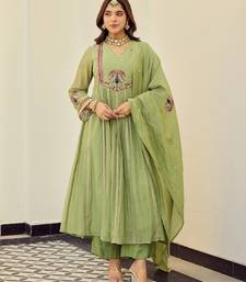Women's light green chanderi embroidered flared kurta set with dupatta and pant