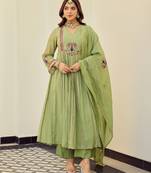 Women's light green chanderi embroidered flared kurta set with dupatta and pant