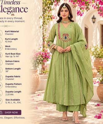 Women's light green chanderi embroidered flared kurta set with dupatta and pant 2
