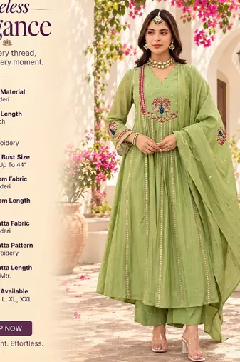 Women's light green chanderi embroidered flared kurta set with dupatta and pant