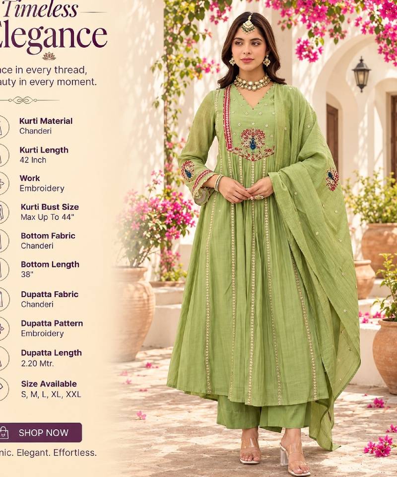 Women's light green chanderi embroidered flared kurta set with dupatta and pant