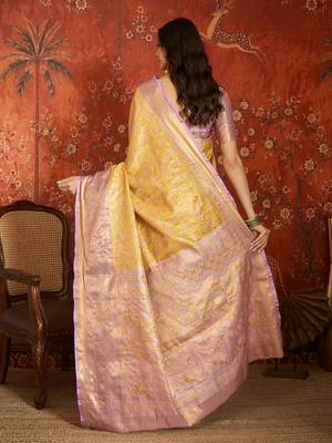 yellow kanjeevaram silk blend woven design saree with unstitched blouse piece. 4