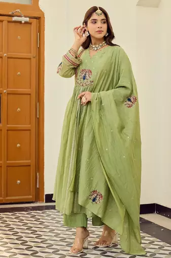 Women's light green chanderi embroidered flared kurta set with dupatta and pant