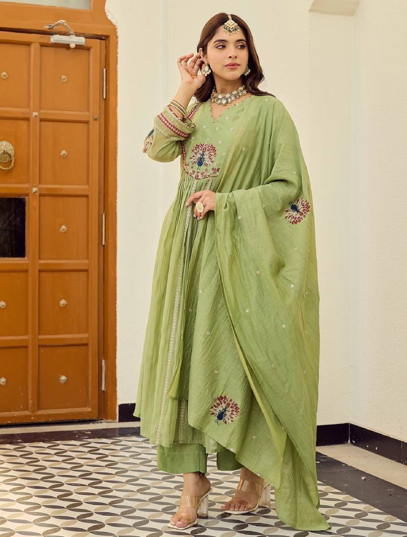 Women's light green chanderi embroidered flared kurta set with dupatta and pant