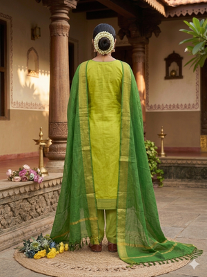 Lemon yellow woven jaquard straight kurti dupatta with pant 3