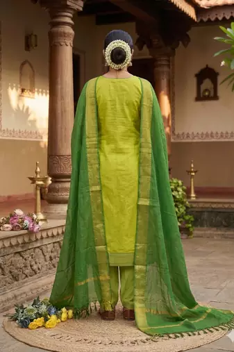 Lemon yellow woven jaquard straight kurti dupatta with pant