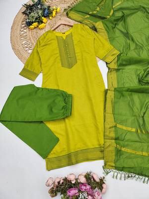 Lemon yellow woven jaquard straight kurti dupatta with pant 4