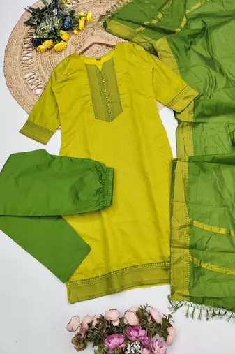 Lemon yellow woven jaquard straight kurti dupatta with pant