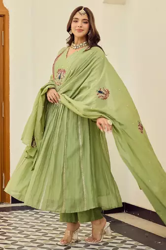 Women's light green chanderi embroidered flared kurta set with dupatta and pant