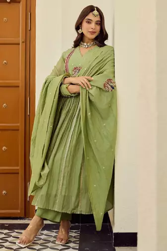 Women's light green chanderi embroidered flared kurta set with dupatta and pant