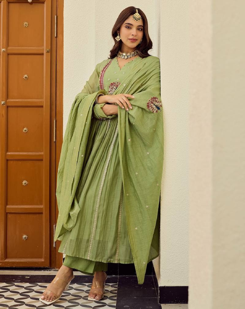 Women's light green chanderi embroidered flared kurta set with dupatta and pant